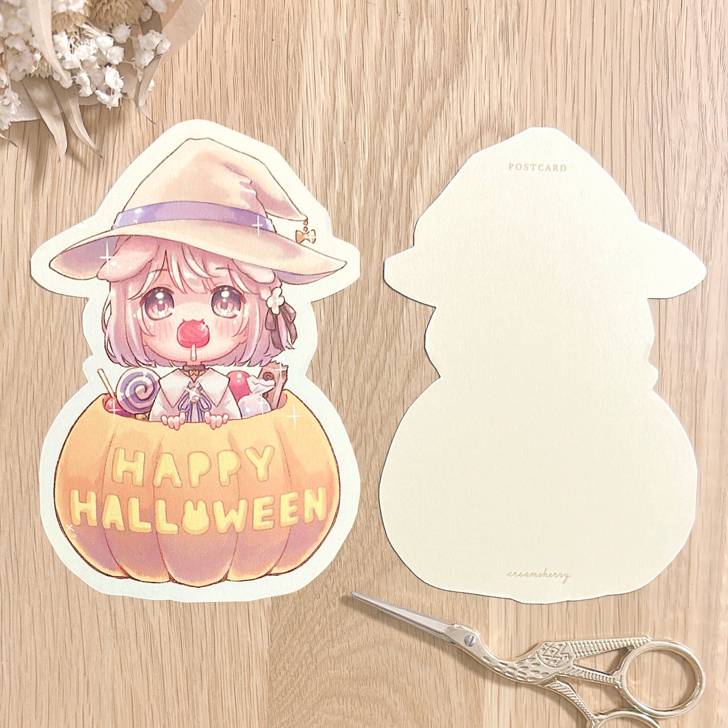 hand-cut halloween postcard & sticker sheet