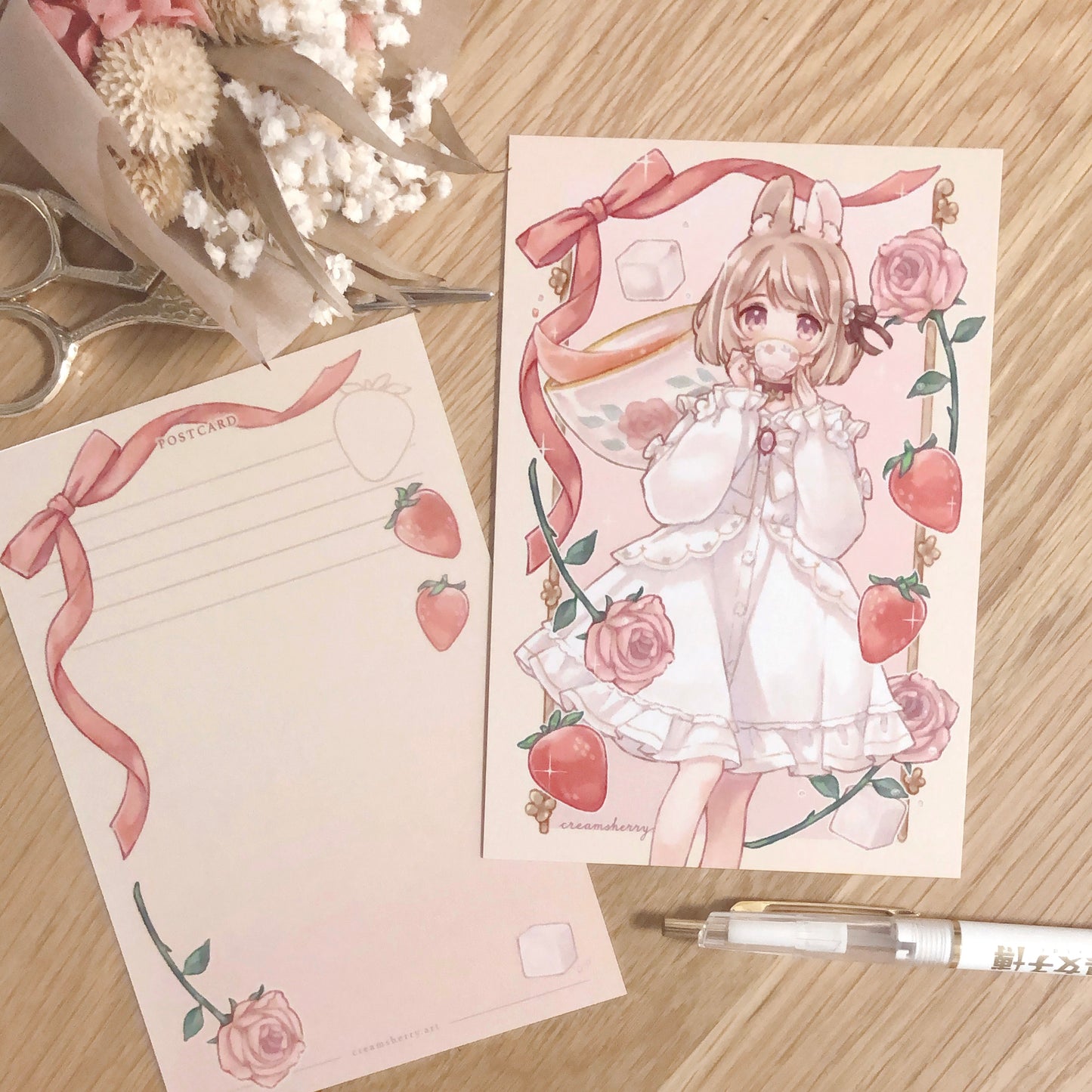 strawberry rose tea postcard