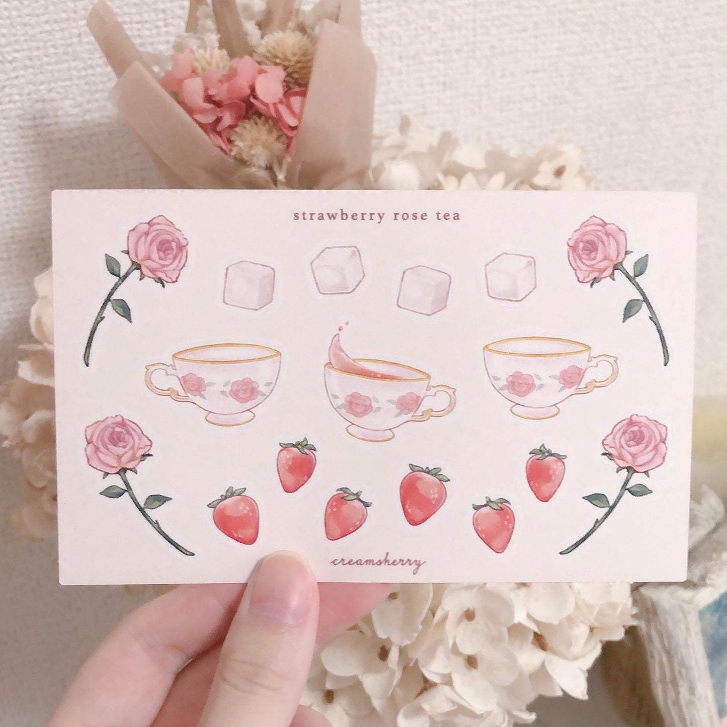 strawberry rose tea sticker sheet